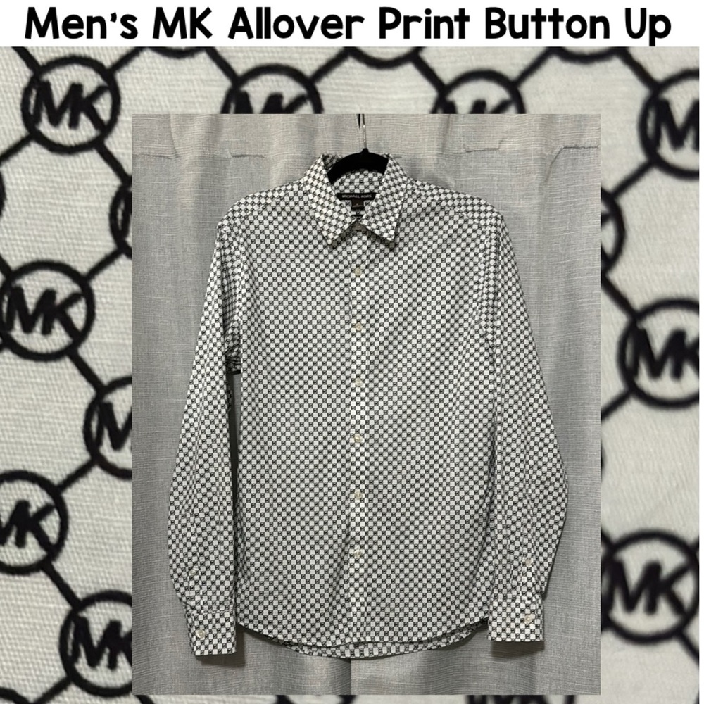 MK Allover Print Button Front Dress Shirt-Slim Fit-M-Black/White-98 Cotton-EUC